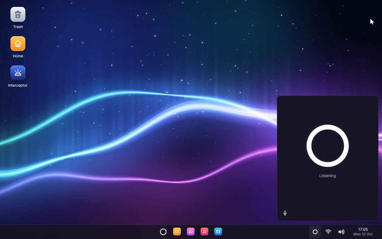 The Veda desktop under its aurora wallpaper, with the agent's window open and listening